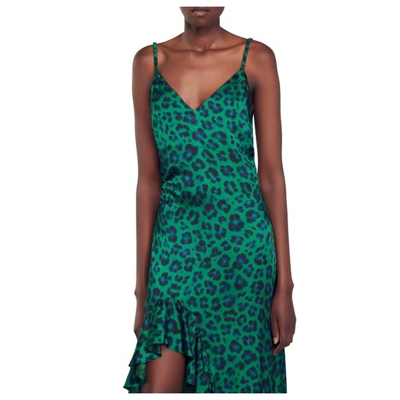 Sandro Amazonie Leopard Print Satin Midi Slip Dress Green Animal Print US 4 - Picture 3 of 16